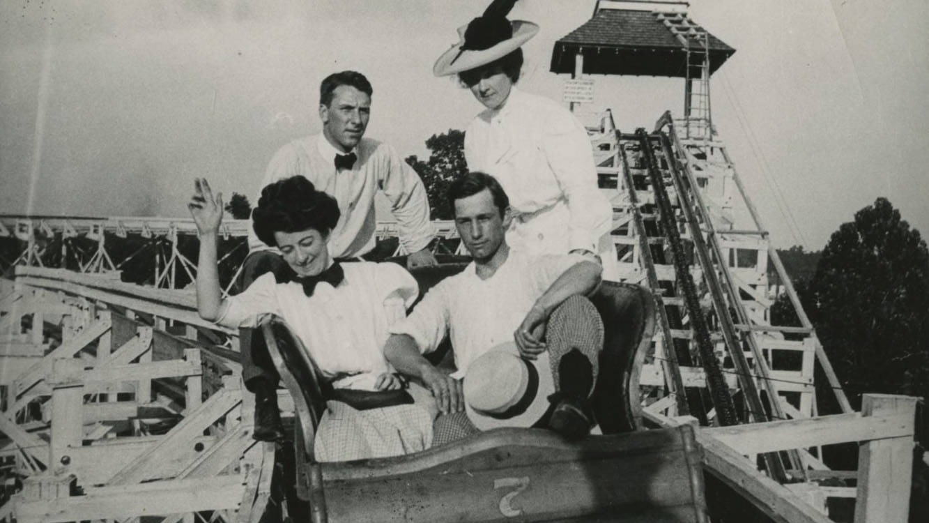 Two men and two women on a wooden rollercoaster at East End Park